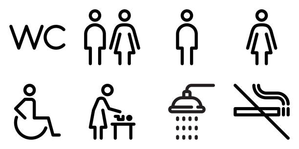 ilustraciones, imágenes clip art, dibujos animados e iconos de stock de conjunto de iconos de la línea de inodoro. señal de wc. hombres, mujeres, madre con bebé y símbolo de discapacidad. baño para hombres, mujeres, transgénero, discapacitados. gráficos vectoriales - bathroom item