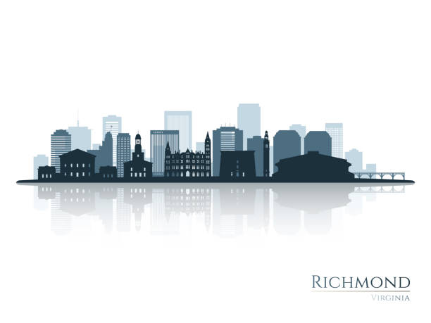 ilustrações, clipart, desenhos animados e ícones de silhueta do horizonte de richmond com reflexo. paisagem richmond, virgínia. ilustração vetorial. - richmond virginia virginia skyline urban scene