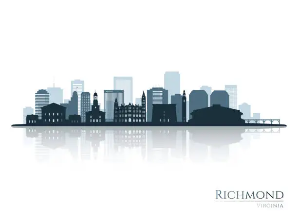 Vector illustration of Richmond skyline silhouette with reflection. Landscape Richmond, Virginia. Vector illustration.
