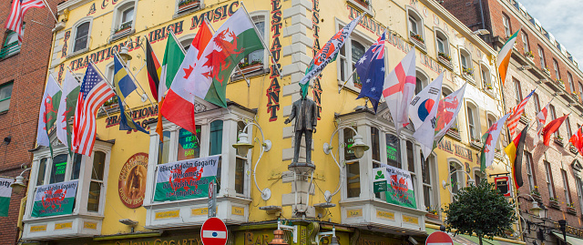 Dublin, Ireland - Feb 8th, 2020: Temple Bar and Bedford row street scene. Dublin, Republic of Ireland