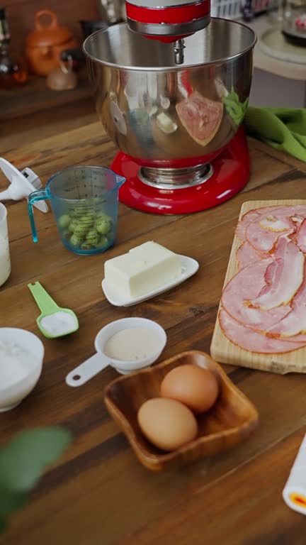 Panning view of ingredients for ham bread baking or 