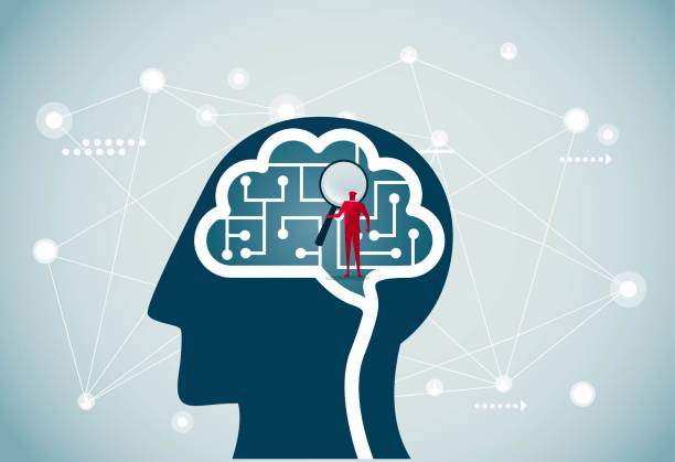 artificial intelligence brain Man exploring artificial intelligence brain with magnifying glass, This is a set of business illustrations cartoon of the printed circuit board stock illustrations