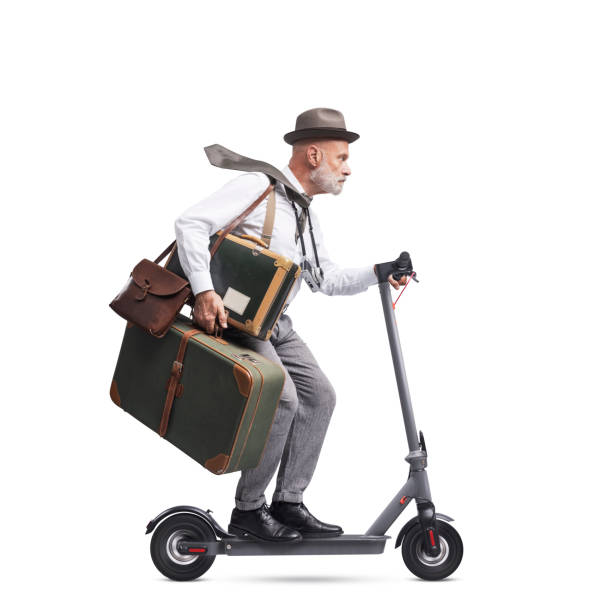 istock Retro style traveler riding a scooter 1465777197