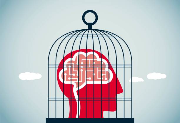 suppressed artificial intelligence AI's brain locked in a cage, This is a set of business illustrations hopelessness stock illustrations