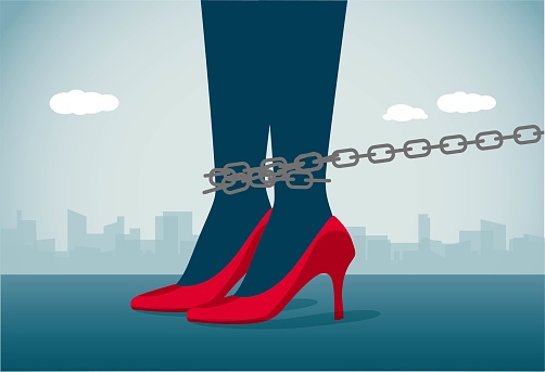Woman's feet bound in chains, losing her freedom, This is a set of business illustrations
