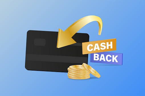 Cashback is a vector concept of saving money using dollar coins, arrows and a credit card. The guarantee of the bonus program is a financial sticker. Online stores, logo offers for cash refunds. Blue gradient background