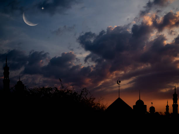istock Islamic Architecture Celebration Background Concept,Design Landscape Ramadan Silhouette Building Mosques Dome,Crescent Moon Sky on Sunset,New Year Muharram Religion,Arabic,Eid Al-Adha,Mubarak 1465780603