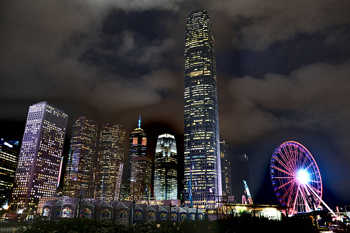 The Hong Kong skyline by night, Central district.