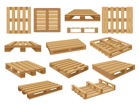 Warehouse pallet. Wooden containers for stacking shopping products recent vector illustrations isolated. Container pallet, shipping and cargo, warehouse storage on white