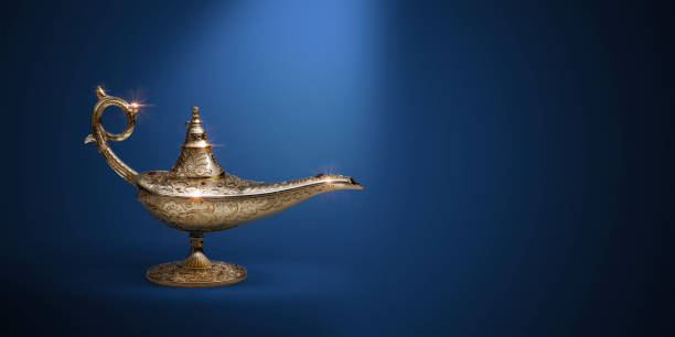 istock Golden magic lamp on blue background 1465783889
