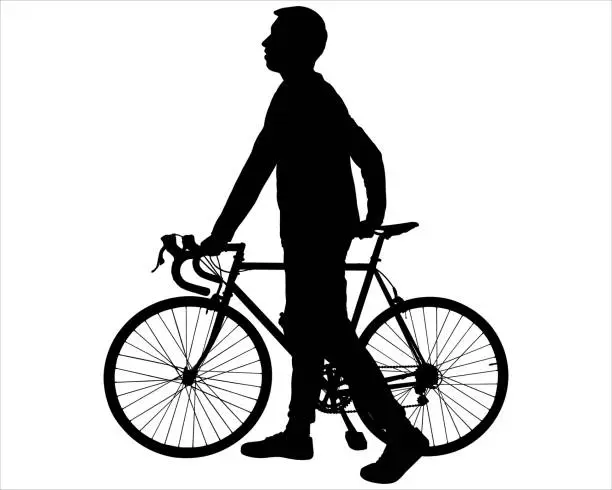 Vector illustration of Cyclist with a bike. A guy holds the steering wheel of a bicycle in his hands. A man with a bike. Side view, profile. Sport. Athlete. Bicycle tourism. One black male silhouette on a white background