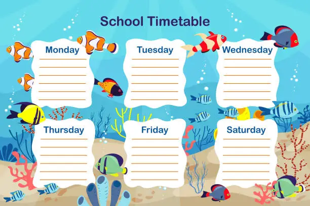 Vector illustration of School timetable sea theme design fish corals vector template. Weekly lesson schedule printable template