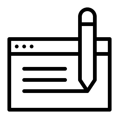 Isolated blogging in outline icon on white background. Blogger, write, post, pencil, text, writing, seo