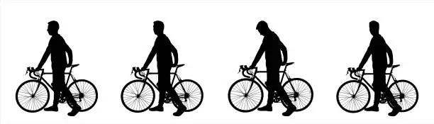 Vector illustration of A guy is standing next to the bike. Man and bicycle. The cyclist holds the handlebars of the bicycle with his hands. Side view, profile. Four black male silhouettes isolated on white background