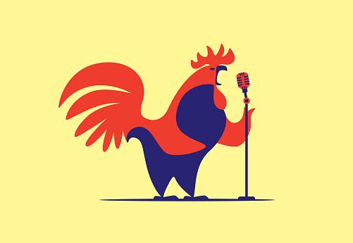 vector illustration of rooster holding microphone and singing