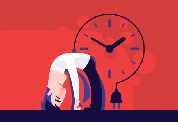 Vector illustration of exhausted businessman with clock and electric plug