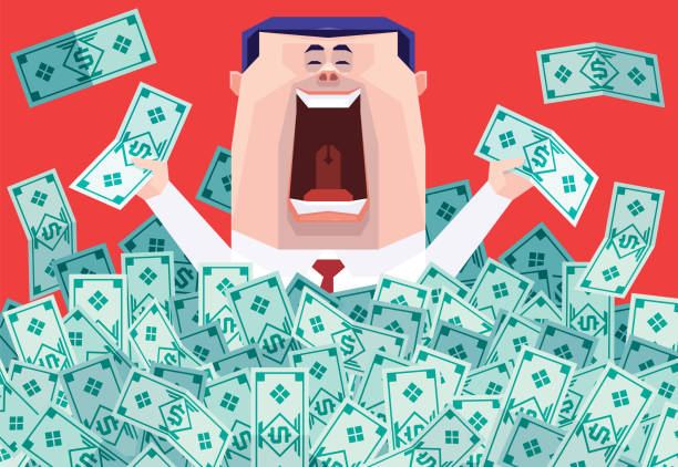 businessman cheering with pile of money banknotes - ilustração de arte vetorial