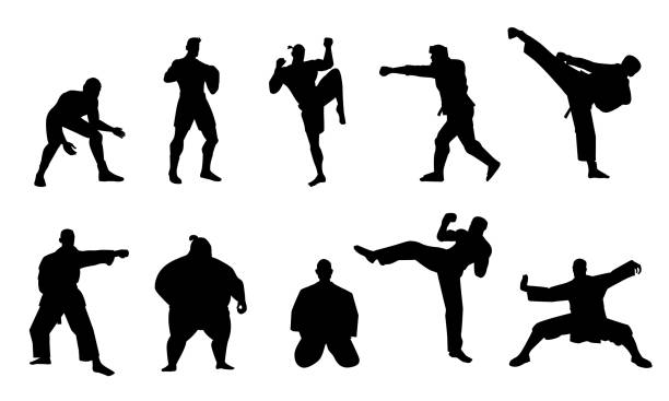 무술 전투기 실루엣. 흑인 운동 선수 캐릭터는 상대를 펀치하고 스파링, 전통적인 격투 예술 개념. 벡터 컬렉션 - karate kicking tae kwon do martial stock illustrations