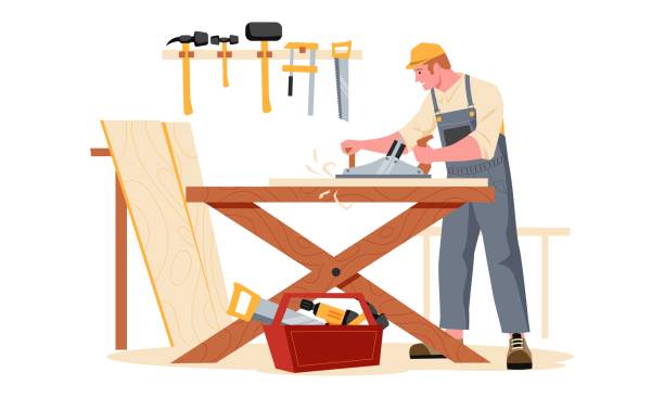 tischlerei. cartoon-zimmermann charakter säget holzbrett herstellung von holzmöbeln, handwerker holz mit werkzeugen holzbearbeitung im studio. vektorillustration - manual worker one man only book hammer stock-grafiken, -clipart, -cartoons und -symbole