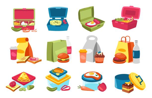 lunchbox-essen. behälter mit hausgemachtem snack, gemüse und obst cartoon-stil, bunte gesunde mahlzeit null-abfall-konzept. vector flat kollektion - lunch box packed lunch apple symbol stock-grafiken, -clipart, -cartoons und -symbole