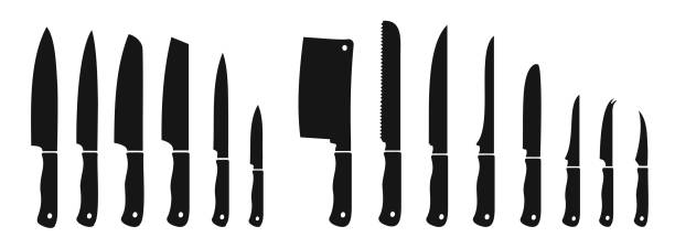 ブラックナイフセット。さまざまな種類のナイフ、調理用のステンレス製の鋭利な刃の機器、モノクロのカトラリーのシンプルなシルエット。ベクターフラットコレクション - キッチンナイフ点のイラスト素材／クリップアート素材／マンガ素材／アイコン素材