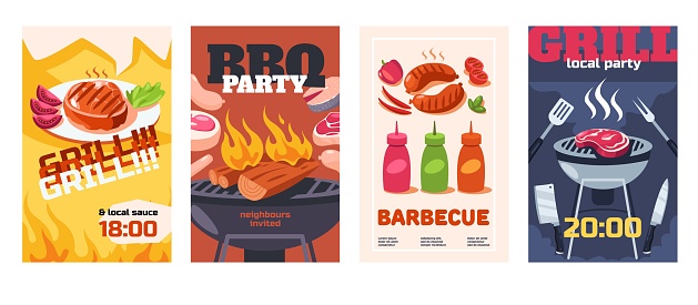 Grill party poster. Barbecue flyer templates with equipment for cooking and grilled roasted meat, outdoor picnic or cookout event invitations. Vector cartoon set of barbecue grill cooking illustration