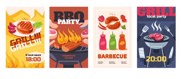 Grill party poster. Barbecue flyer templates with equipment for cooking and grilled roasted meat, outdoor picnic or cookout event invitations. Vector cartoon set Grill party poster. Barbecue flyer templates with equipment for cooking and grilled roasted meat, outdoor picnic or cookout event invitations. Vector cartoon set of barbecue grill cooking illustration backyard background stock illustrations