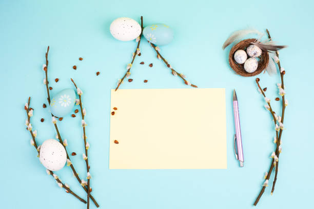 istock Easter holiday and spring background, empty paper for text, pastel colors, nest with eggs, pussy willow, greeting card 1465791570