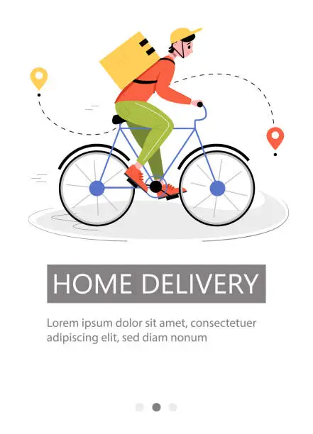 Vector illustration of Fast and free delivery by bicycle courier. Vector illustration for poster, banner, advertisement, app.