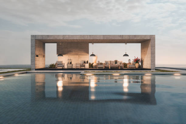interno lounge con divano e poltrone a bordo piscina - swimming pool luxury mansion holiday villa foto e immagini stock