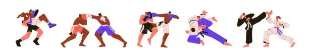 Vector illustration of Martial arts set. Athletes wrestling, fighting. Boxing, judo, karate, Muay Thai, Greco-Roman fighters, wrestlers in battle, grapple, competition. Flat vector illustrations isolated on white background