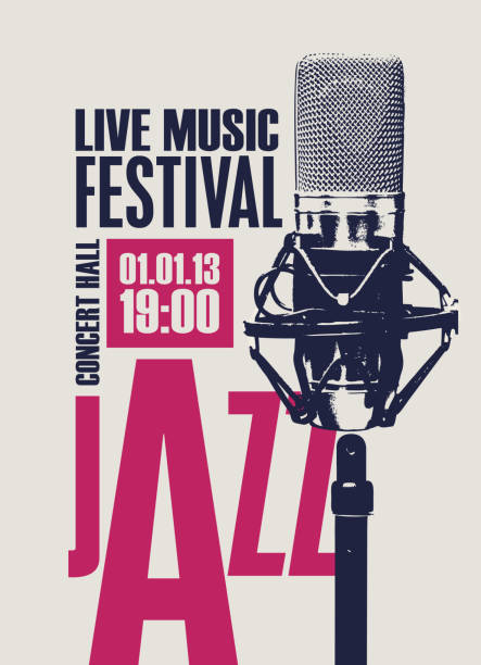 ilustrações, clipart, desenhos animados e ícones de cartaz para festival de jazz com microfone em estilo retro - improv