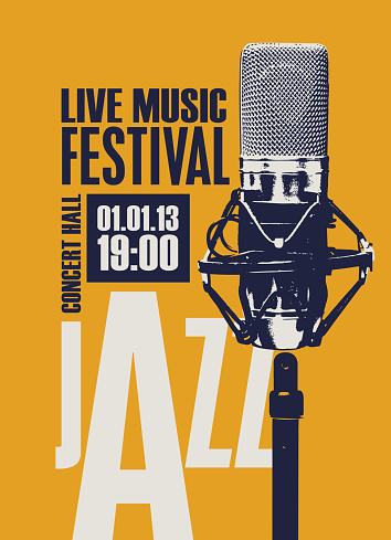 Vector retro poster for jazz festival or live music concert with a microphone in retro style. Good old jazz, music collection. Suitable for flyers, invitations, banners, advertising