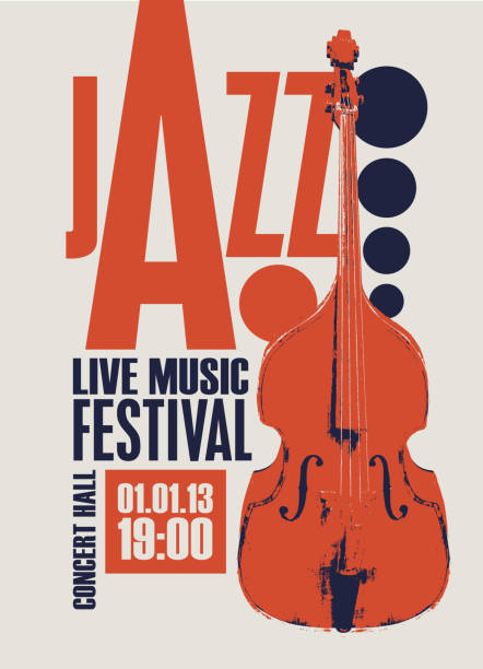 illustrations, cliparts, dessins animés et icônes de affiche vintage pour le festival de jazz de musique live avec contrebasse - contre basson