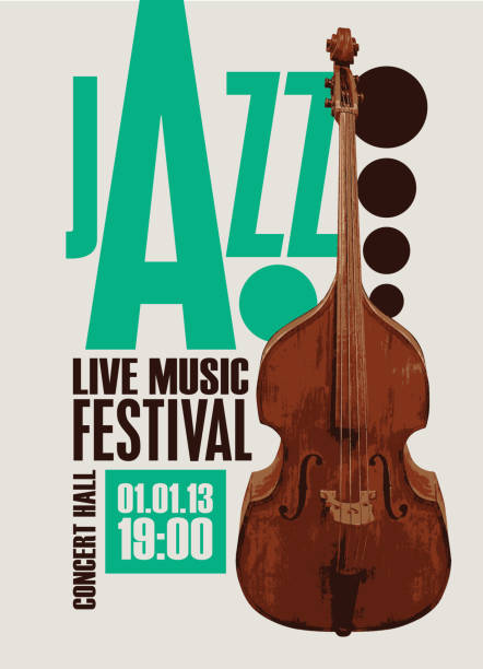 vintage poster for jazz festival of live music with double bass Vector vintage poster for good old jazz festival of live music with  double bass, contrabass and inscriptions. Music banner, flyer, invitation, ticket in retro style contra bassoon stock illustrations