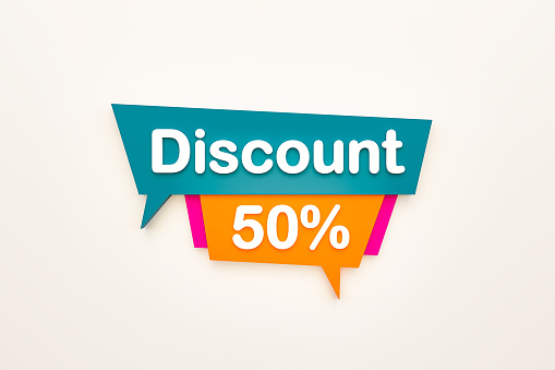 Retail marketing, discount sign to promote commercial activities. Consumerism, fifty percent, buying and shopping. 3D illustration