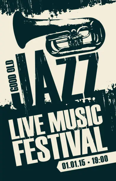 Vector illustration of poster for good old jazz festival with wind instrument trumpet
