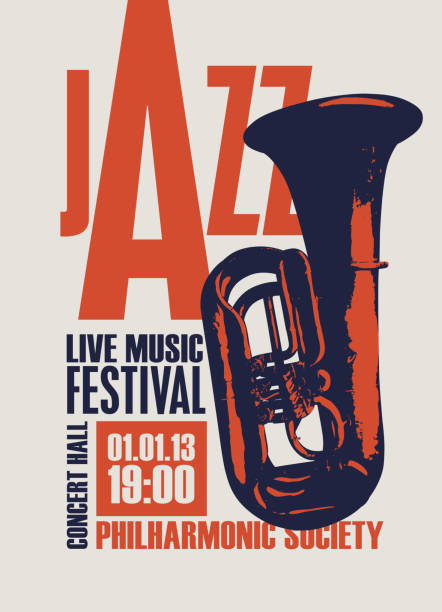 ilustraciones, imágenes clip art, dibujos animados e iconos de stock de póster vintage para good old jazz festival con trompeta de instrumentos de viento - playbill