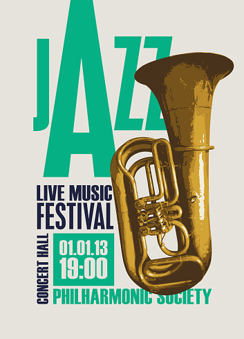Vector vintage poster for good old jazz festival of live music with  wind instrument trumpet and inscriptions. Music banner, flyer, invitation, ticket in retro style
