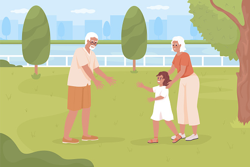 istock Spending time with grandkids at park flat color vector illustration 1465798351
