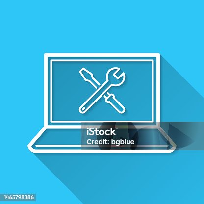 istock Laptop settings - Tools. Icon on blue background - Flat Design with Long Shadow 1465798386