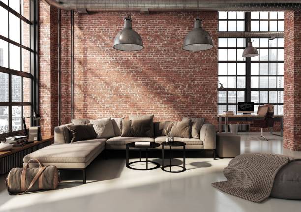 istock A 3D render of a modern loft, living room with a comfortable sofa and stylish tables. 1465798905