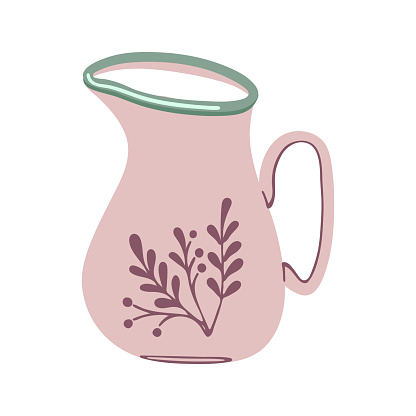 Ceramic milk jug with herbal ornament. Capacity for drink. Handmade tableware. Vector illustration isolated on white background.