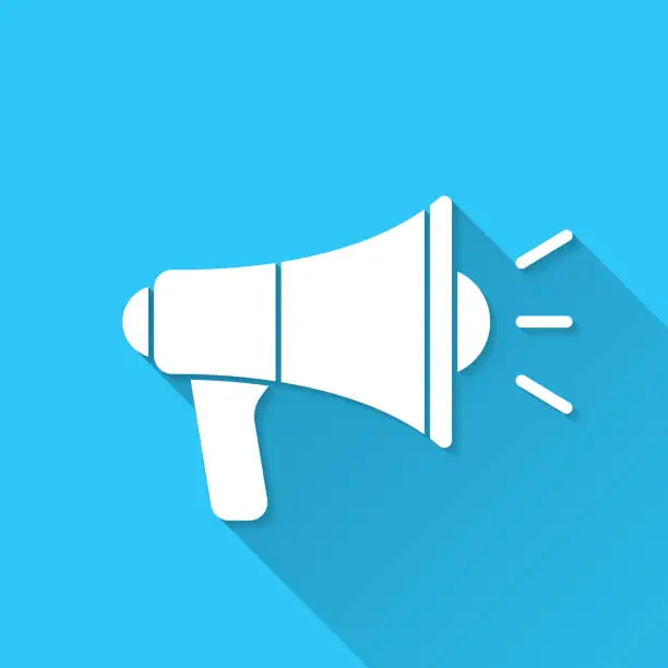 Vector illustration of Megaphone. Icon on blue background - Flat Design with Long Shadow