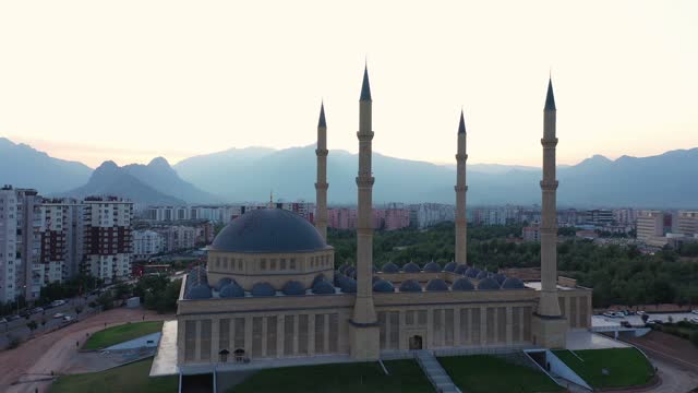 Blue mosque in the modern city of Turkey. Aerial panoramic view from drone.