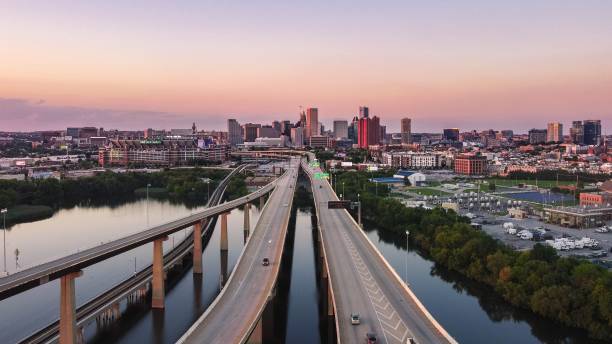 Aerial view of overlapping highways and roads over the water in downtown Baltimore, Maryland, USA An aerial view of overlapping highways and roads over the water in downtown Baltimore, Maryland, USA baltimore maryland stock pictures, royalty-free photos & images