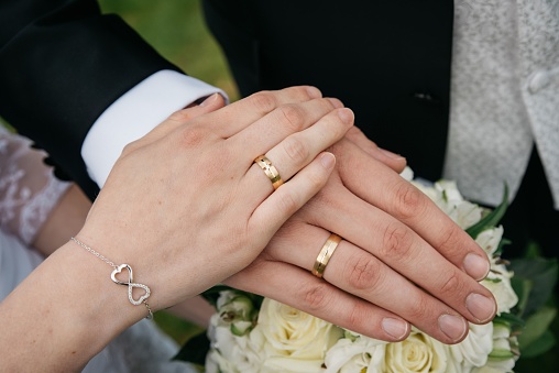 A closeup of bride and groom's hands on each other after putting on the marriage rings
