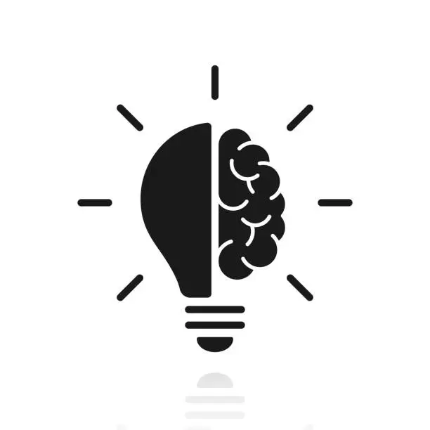 Vector illustration of Half light bulb and brain. Icon with reflection on white background