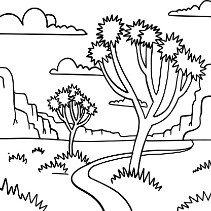 Coloring page - Black linear hand drawn Joshua tree vector illustration. Minimalist line art of Arizona landscape. Desert vibes line art print. Vector line illustration of American southwest