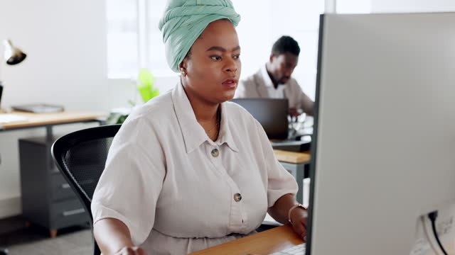 Business, computer and black woman writing notes, planning schedule or ideas of administration, research and web analytics in office. Employee, receptionist and working on desktop, internet or online